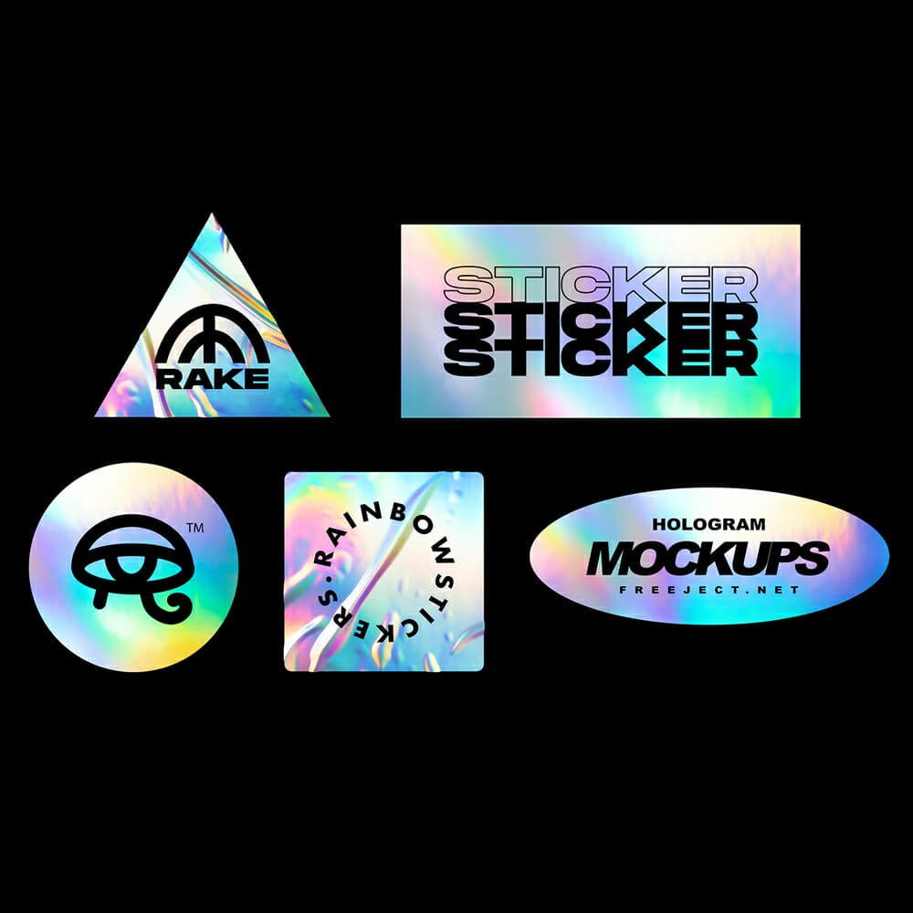 Free 5 Holographic / Rainbow Foil Sticker Mockups PSD