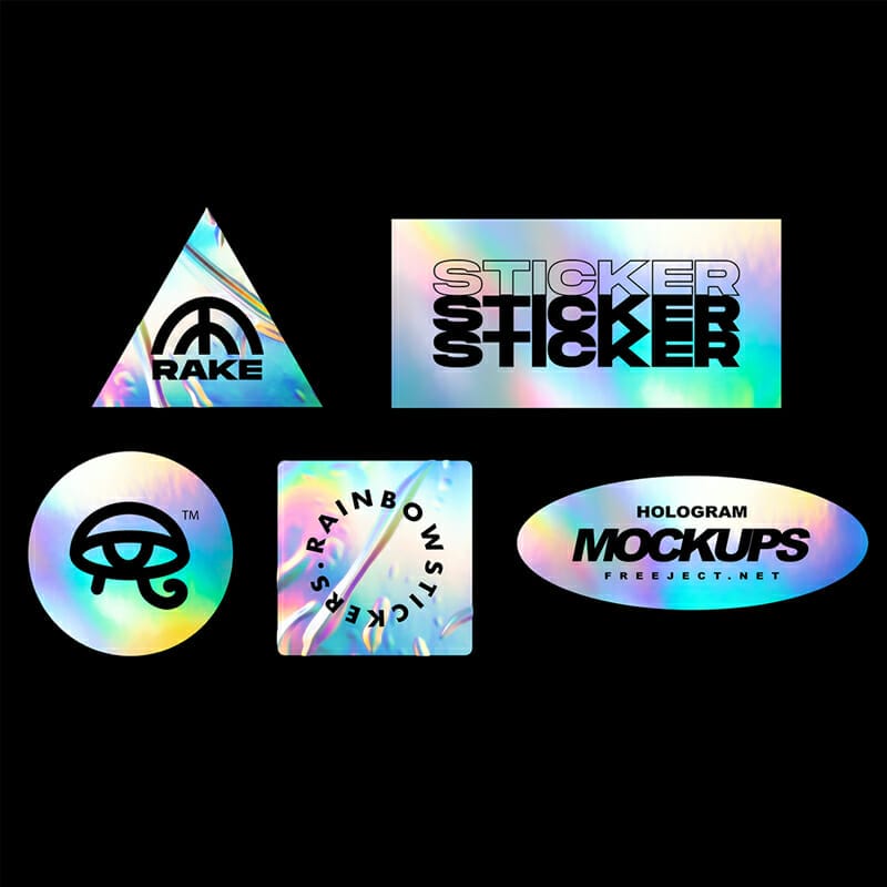 Free 5 Holographic / Rainbow Foil Sticker Mockups PSD