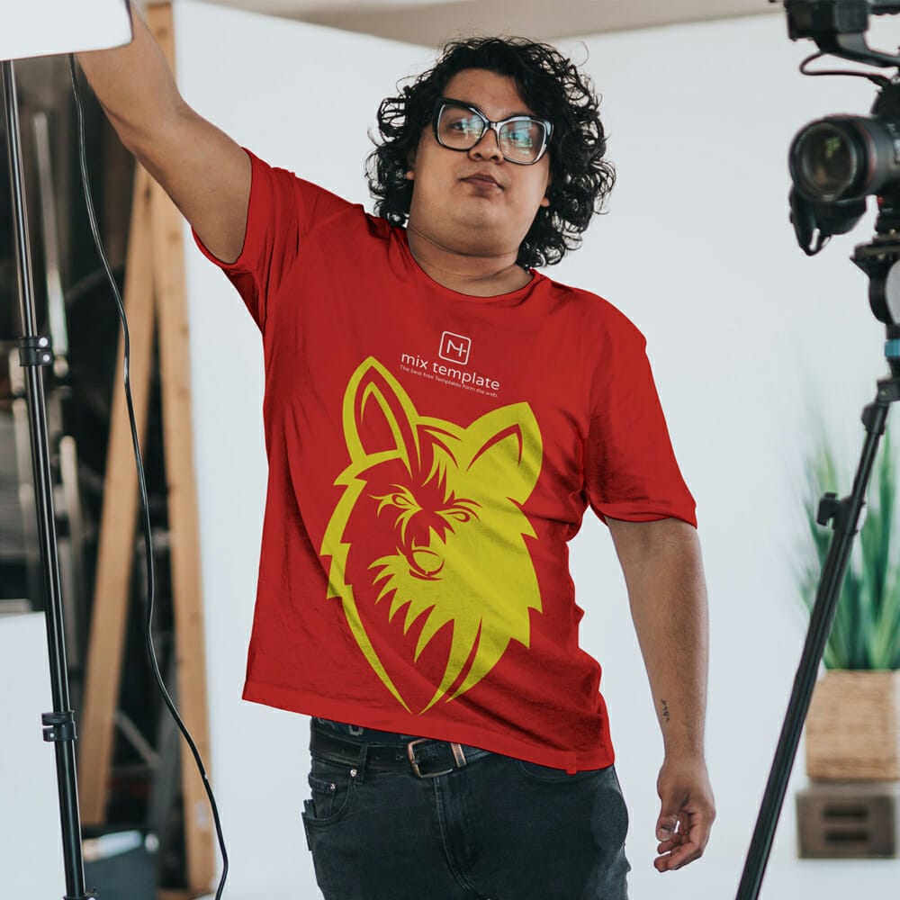 Free Camera Man White T-Shirt Mockup Template