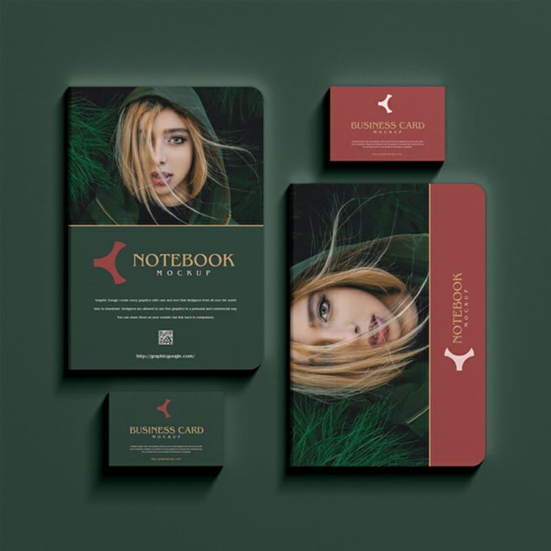Free Notebook With Business Card Mockup