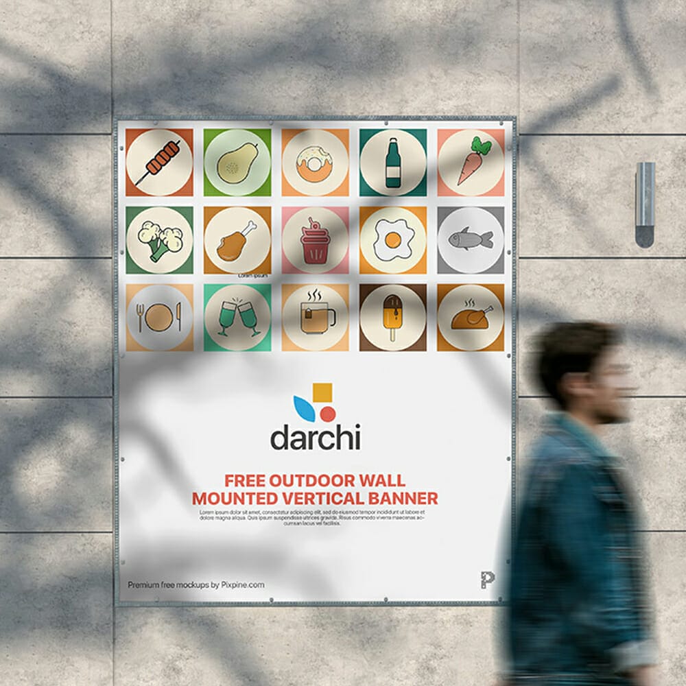 Free Outdoor Wall Mounted Vertical Banner Mockup