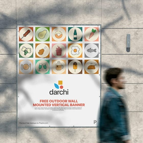 Free Outdoor Wall Mounted Vertical Banner Mockup