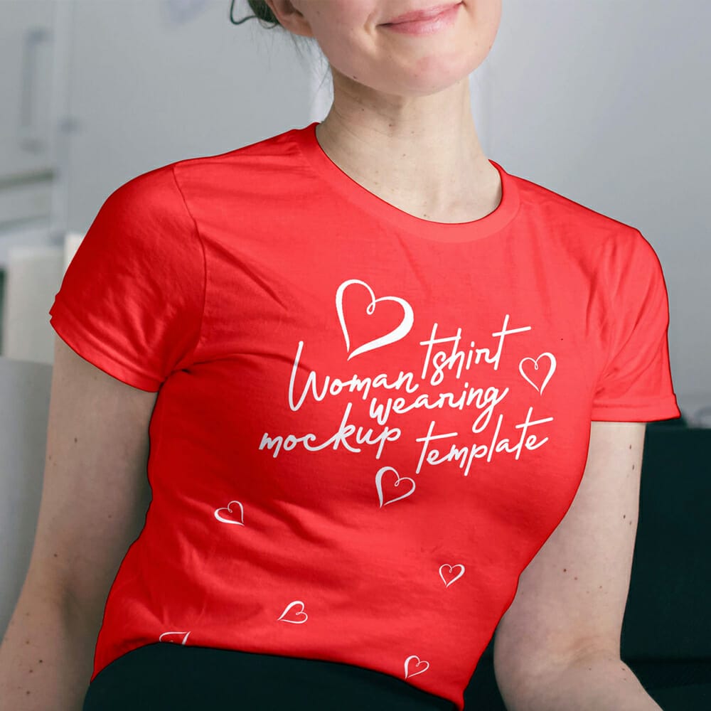 Free Smiling Woman Wearing TShirt Mockup Template