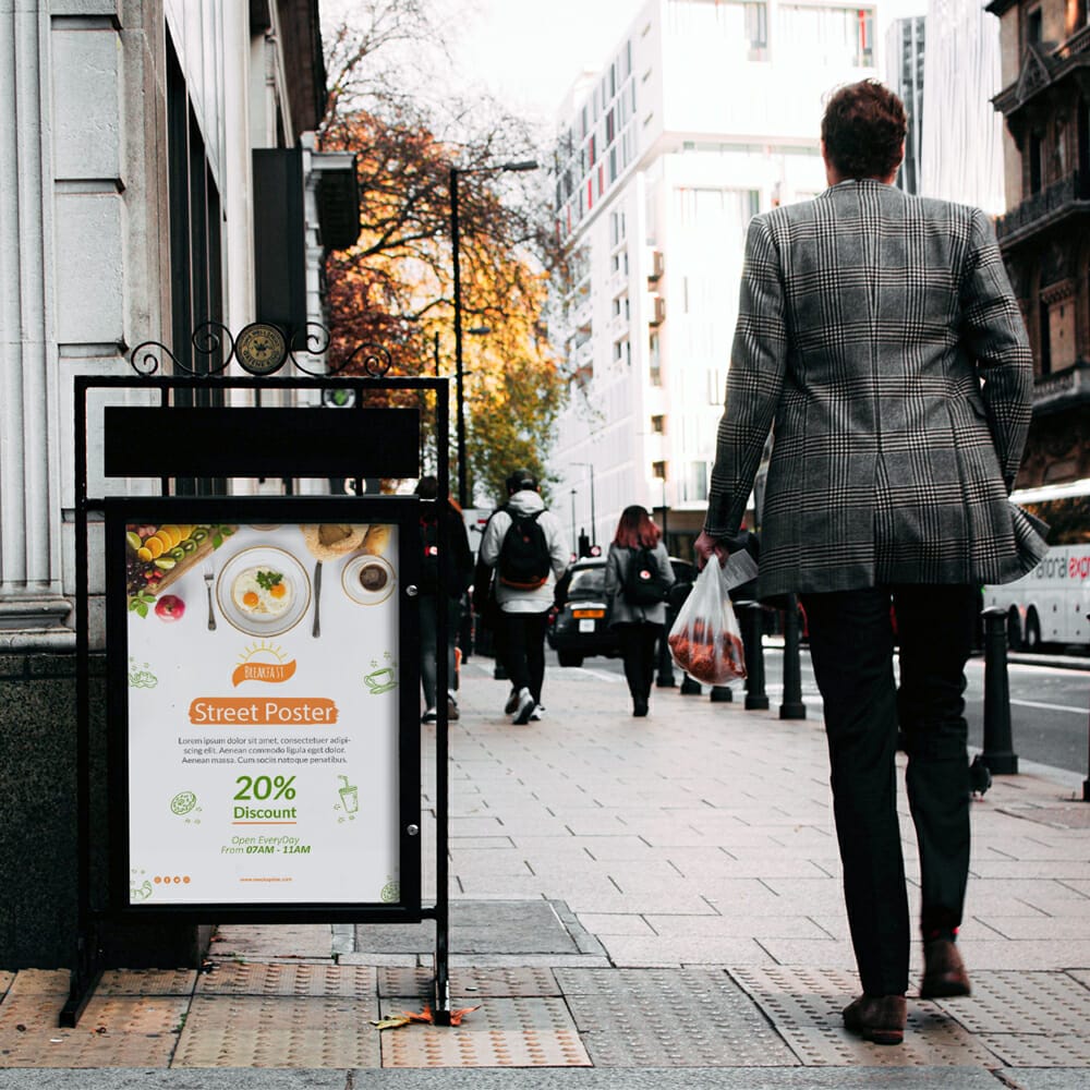 Free Street Poster On Stand Mockup PSD Template