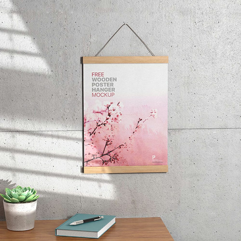 Free Wooden Poster Hanger Mockup