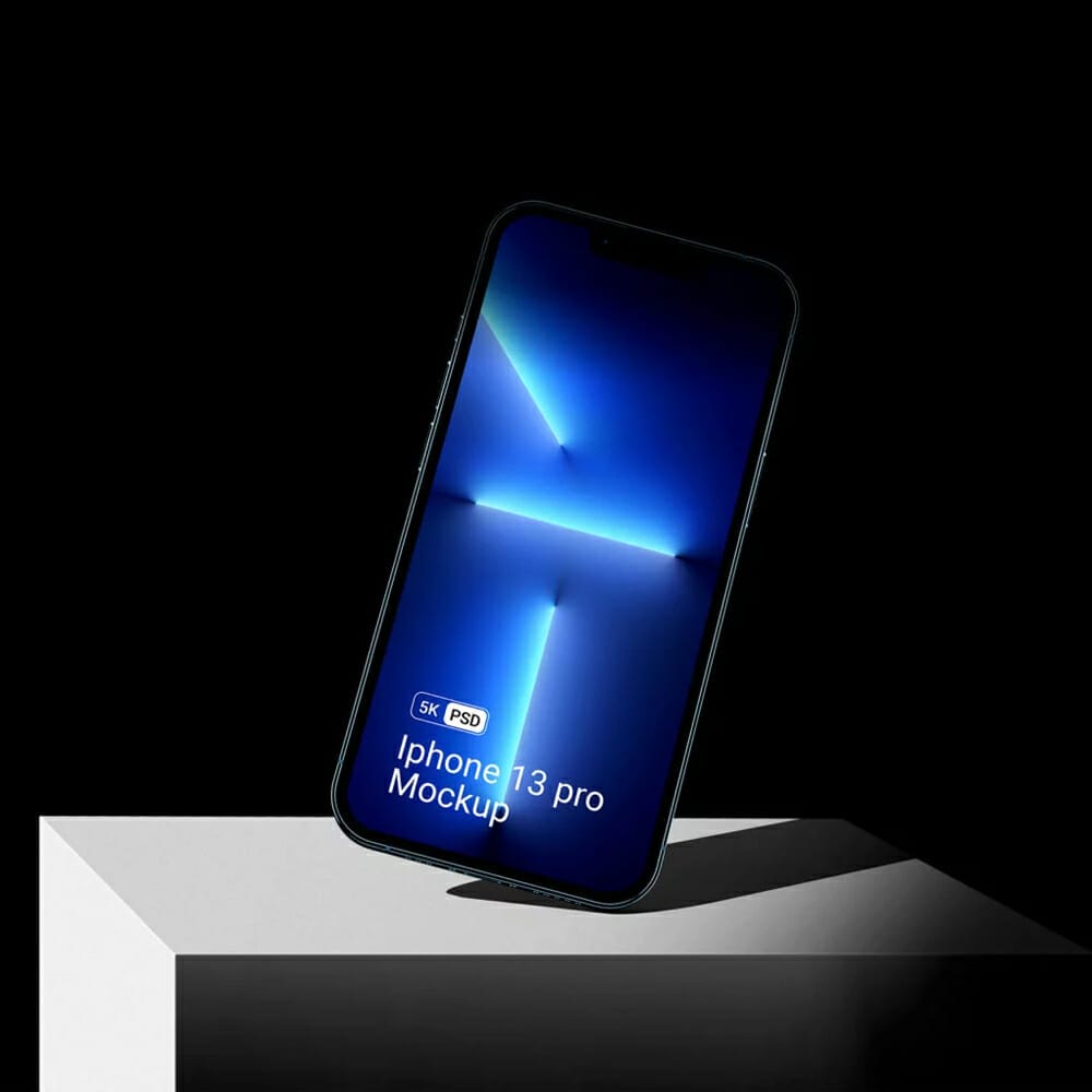 Free iPhone 13 Pro Mockup On Block Front View