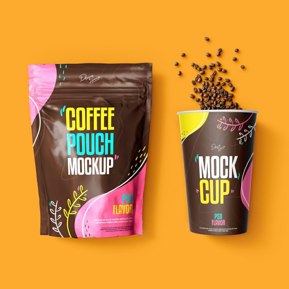 Coffee Pouch With Cup Mockup PSD