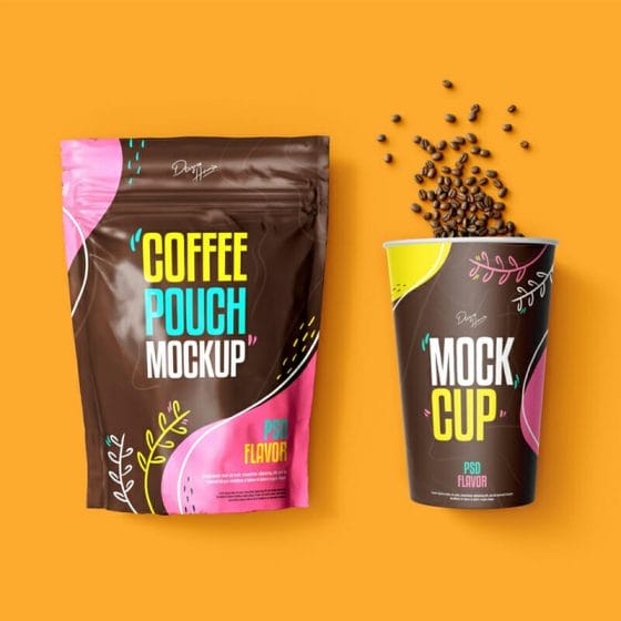 Coffee Pouch With Cup Mockup PSD