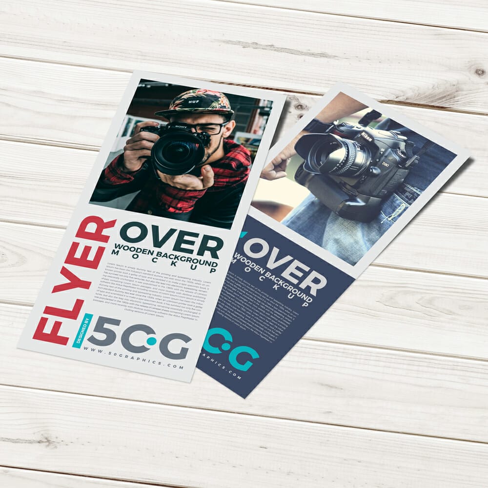Free Flyer Over Wooden Background Mockup