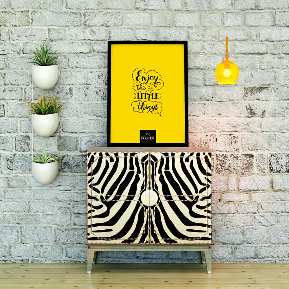 Interior Bricks Wall With Plant Vases Showcase Poster Mockup PSD