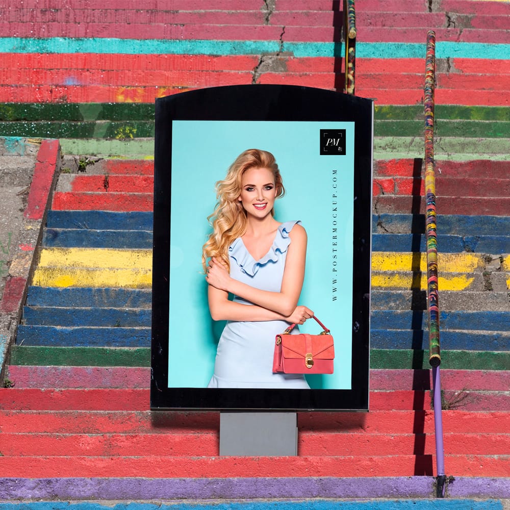 Outdoor Advertisement Poster Billboard On Stairs Mockup PSD