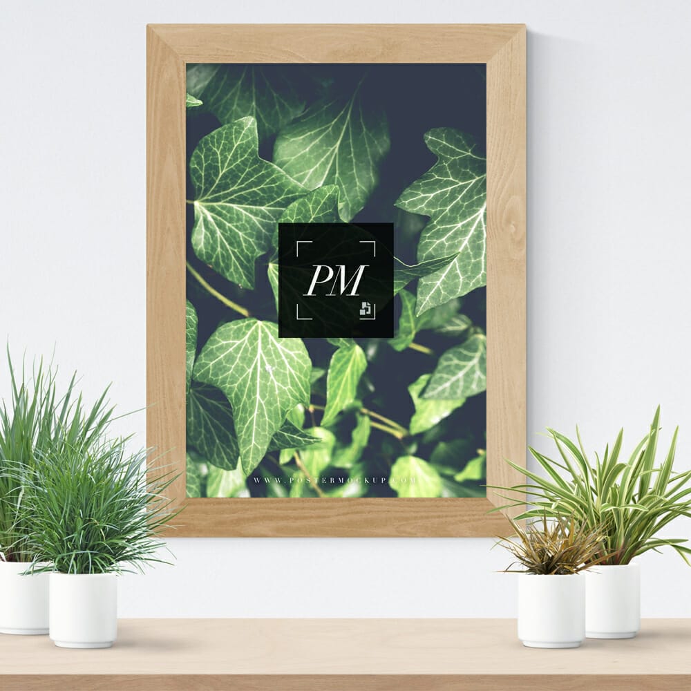 Plant Vases With Wooden Frame Poster Mockup PSD