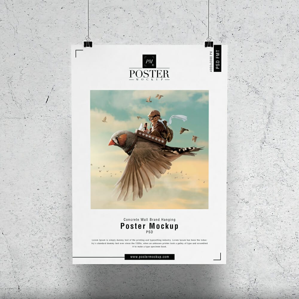 Concrete Wall Brand Hanging Poster Mockup PSD