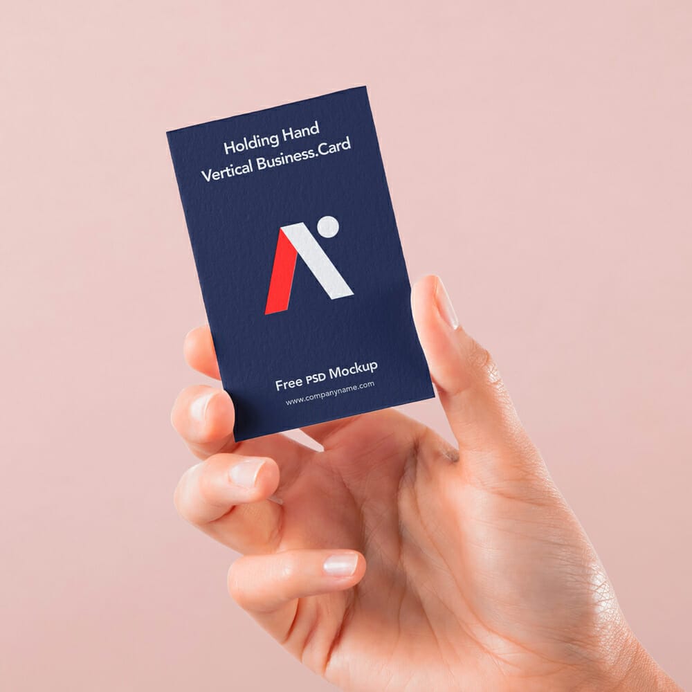 Hand Holding Vertical PSD Business Card Mockup