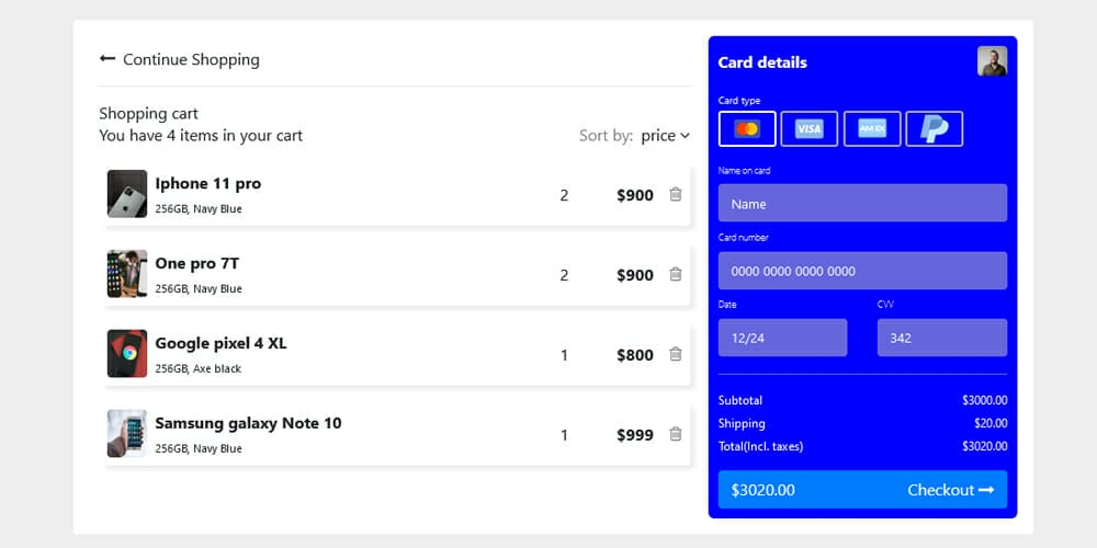 Bootstrap 4 Shopping Cart with Payment Form