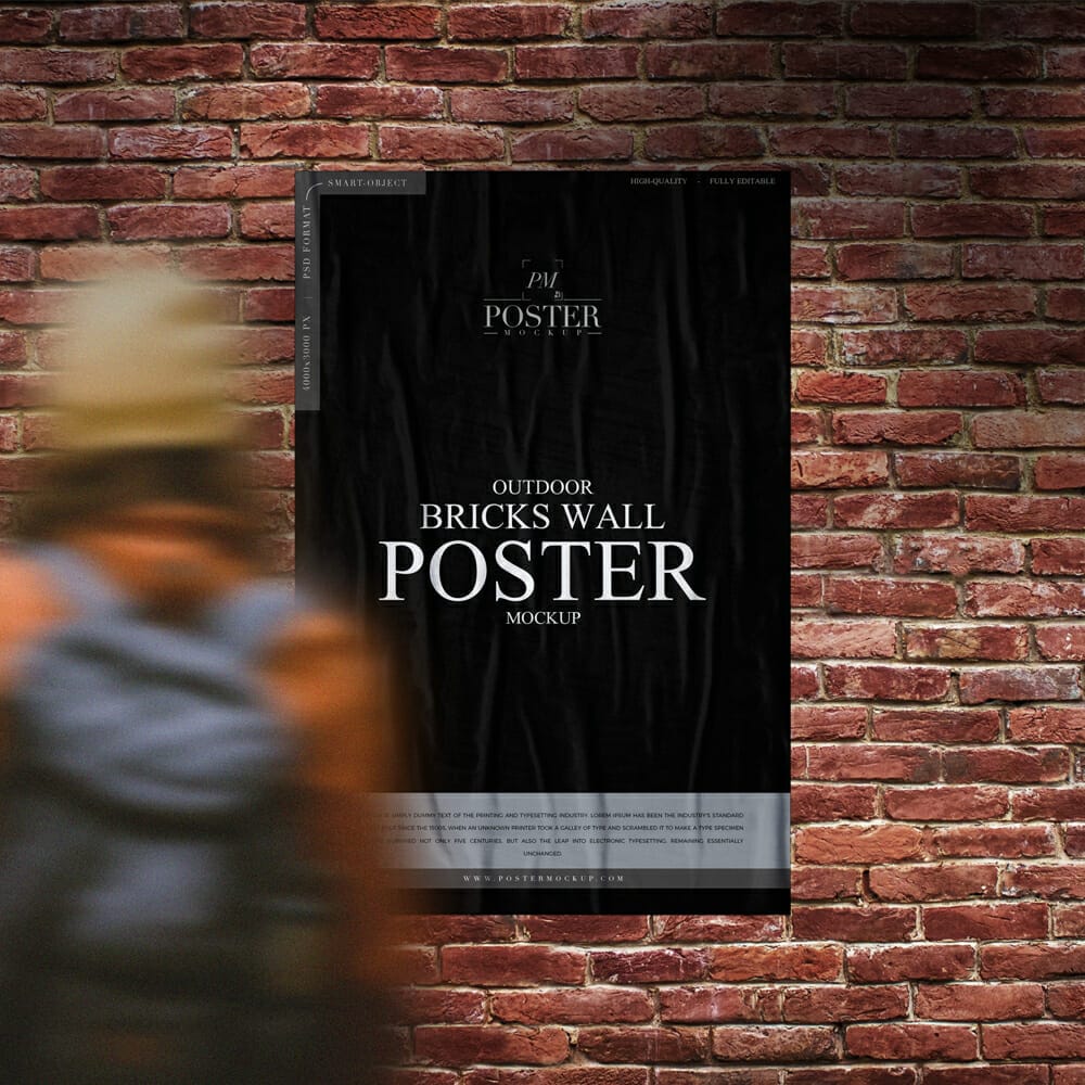 Outdoor Girl Looking Bricks Wall Poster Mockup