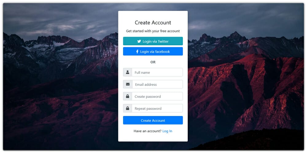 login form in card with social login buttons