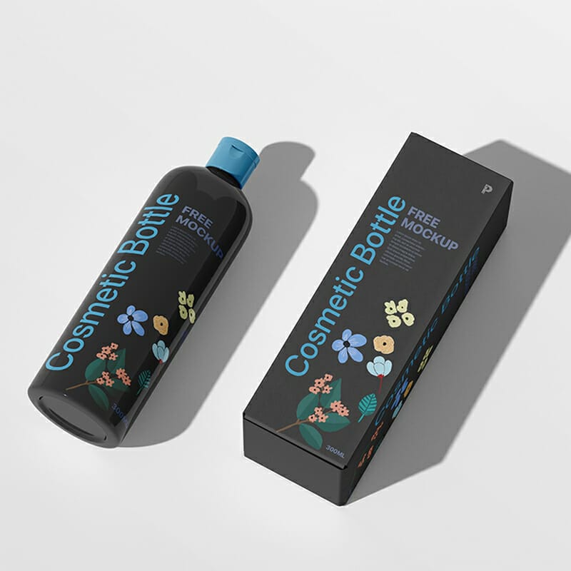 Free Cosmetic Bottle With Box Mockup