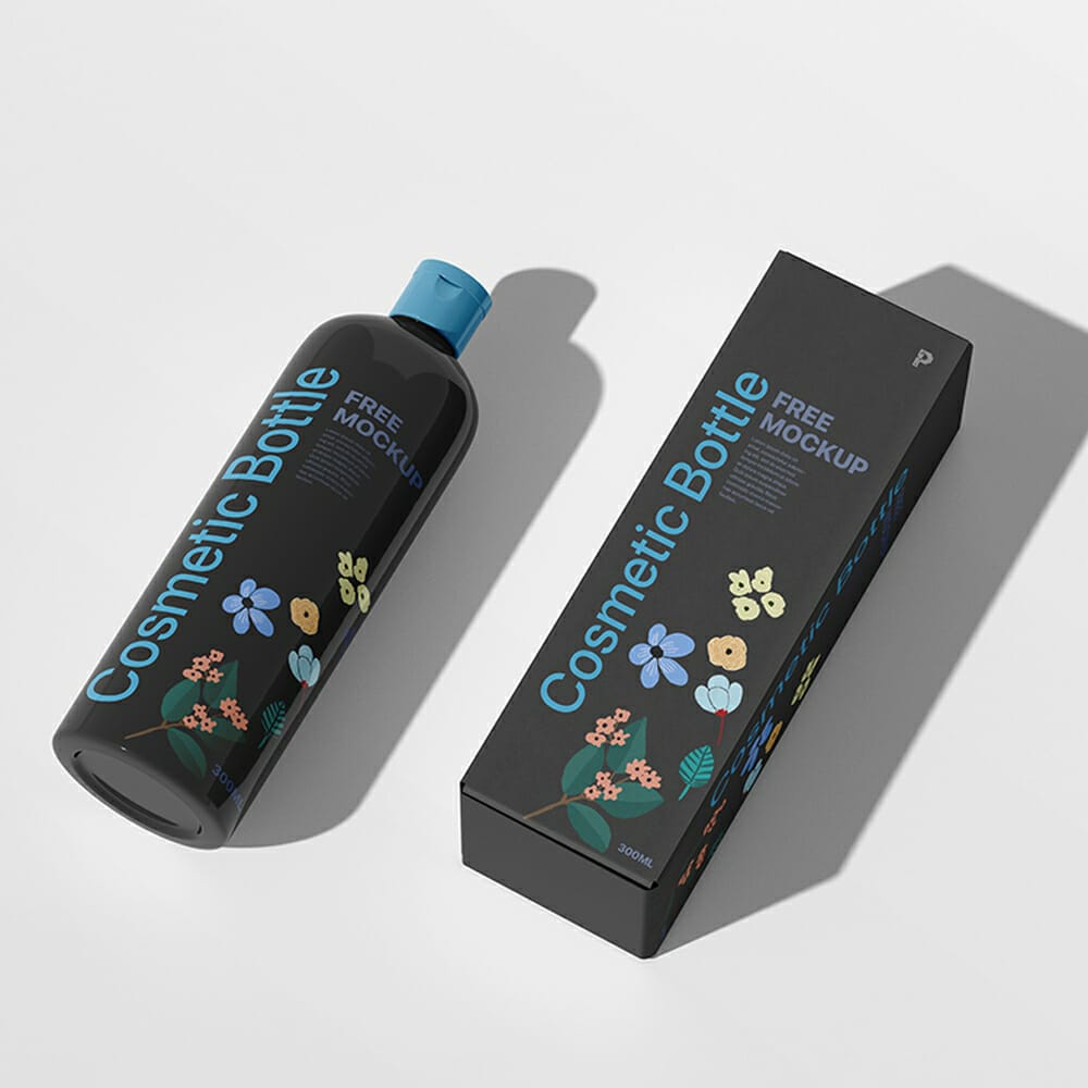 Free Cosmetic Bottle With Box Mockup