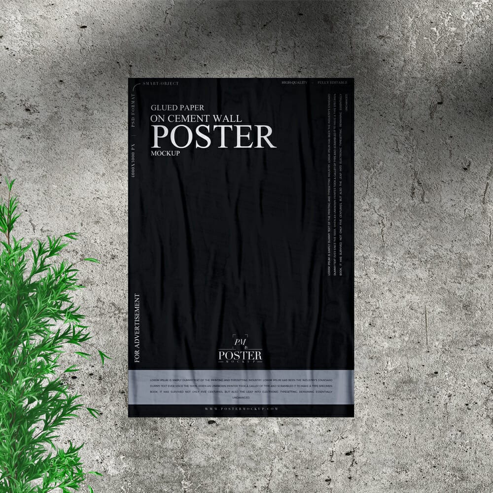 Glued Paper On Cement Wall Poster Mockup