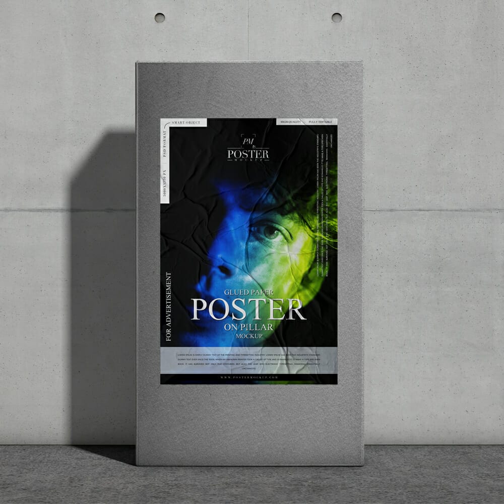 Glued Paper Poster On Pillar Mockup