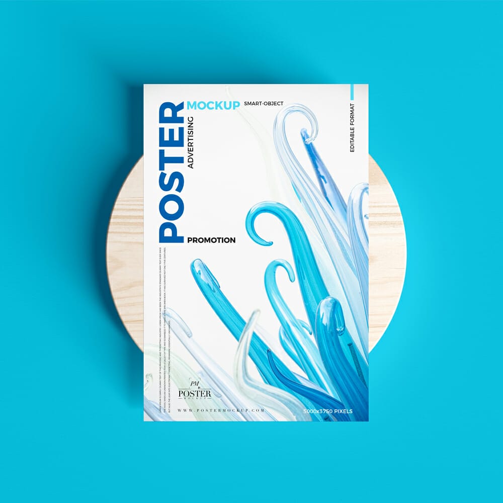 Poster Placing On Round Wooden Block Mockup