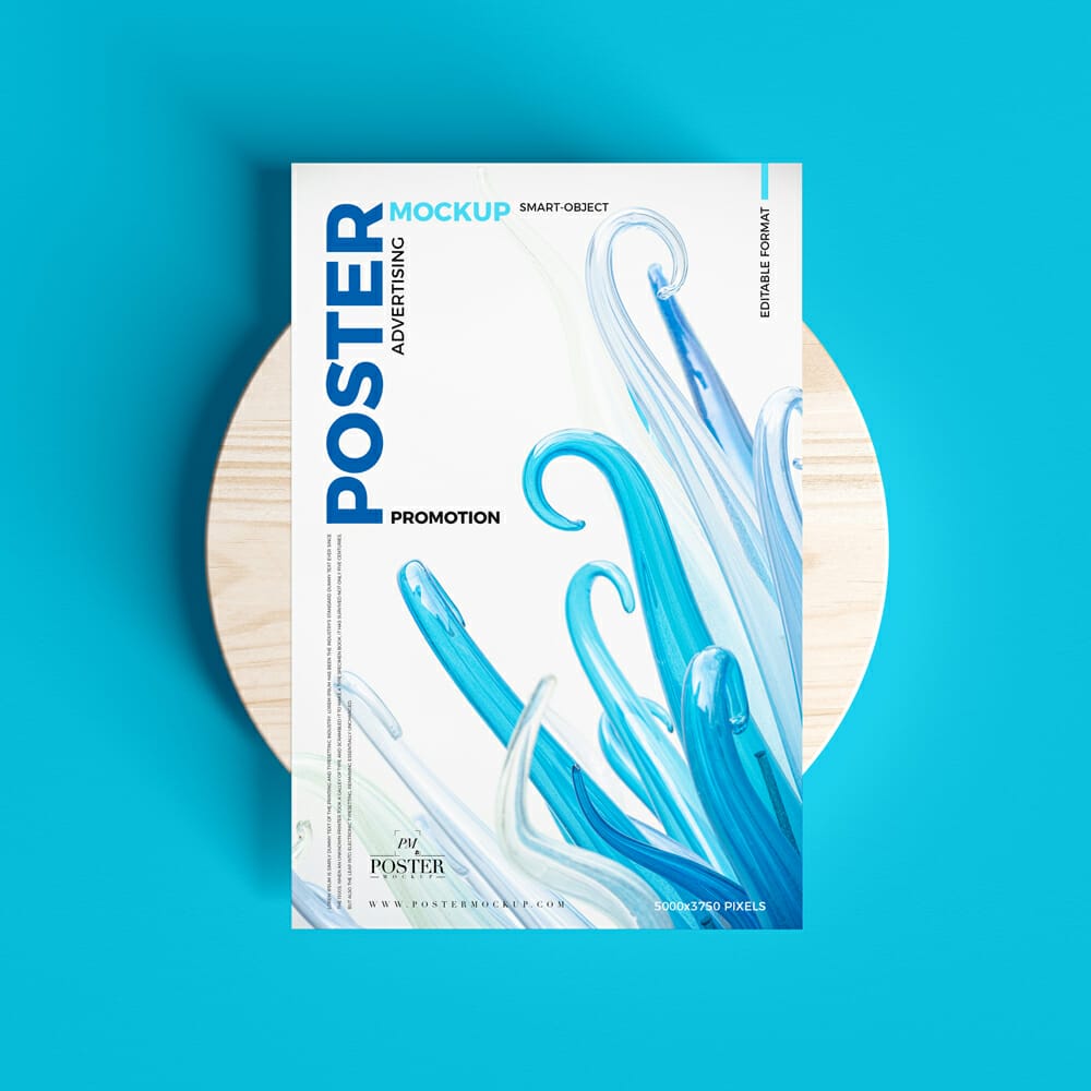 Poster Placing On Round Wooden Block Mockup