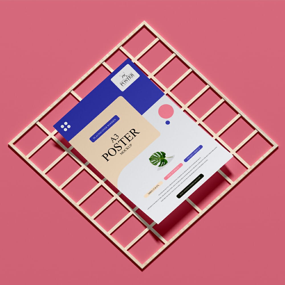 A3 Poster Placing Over Wooden Frame Mockup