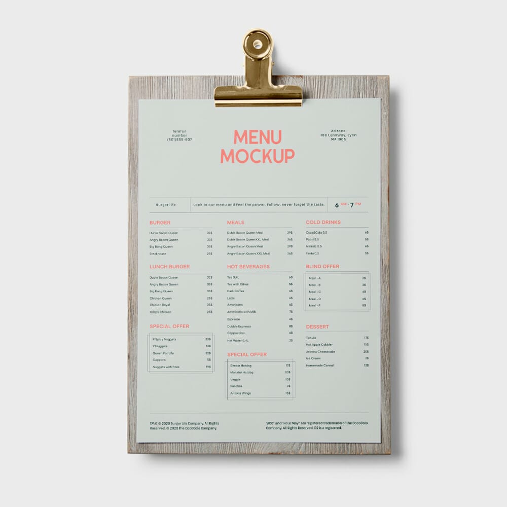 Free A4 Menu Mockup