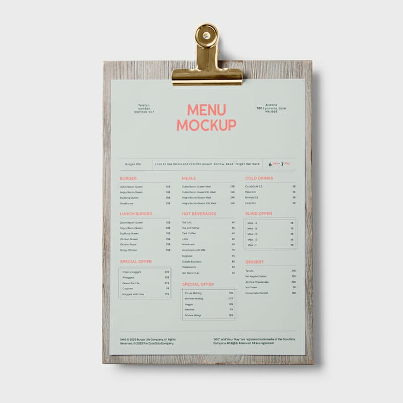 Free A4 Menu Mockup