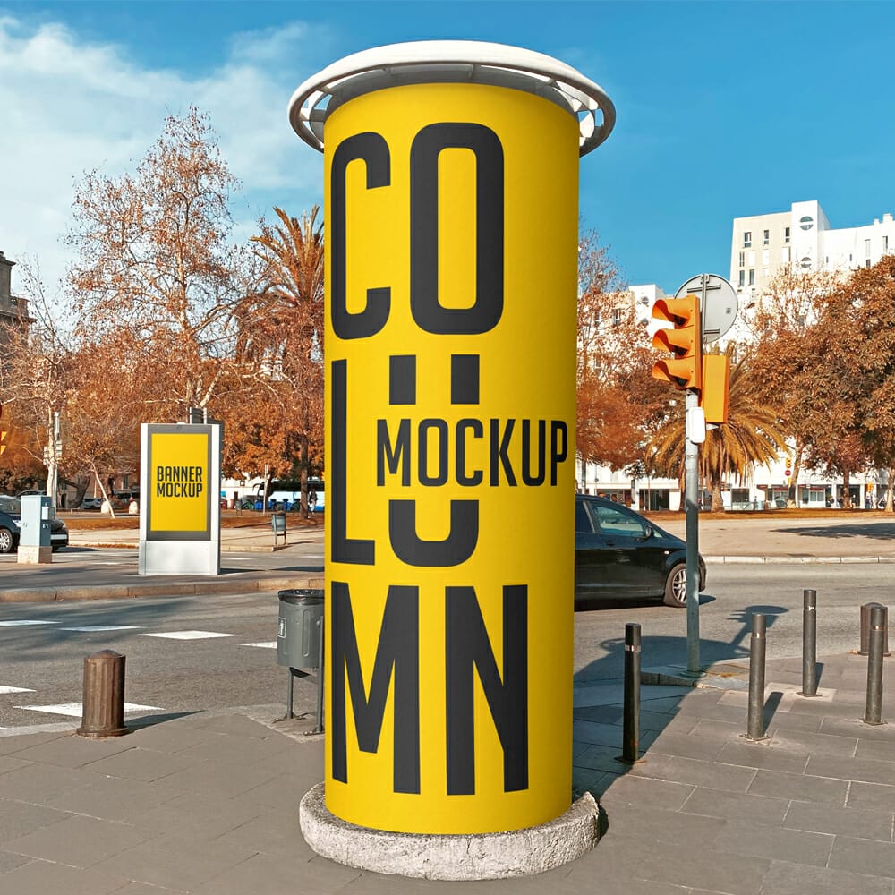 Free Round Street Advertising Column Mockup