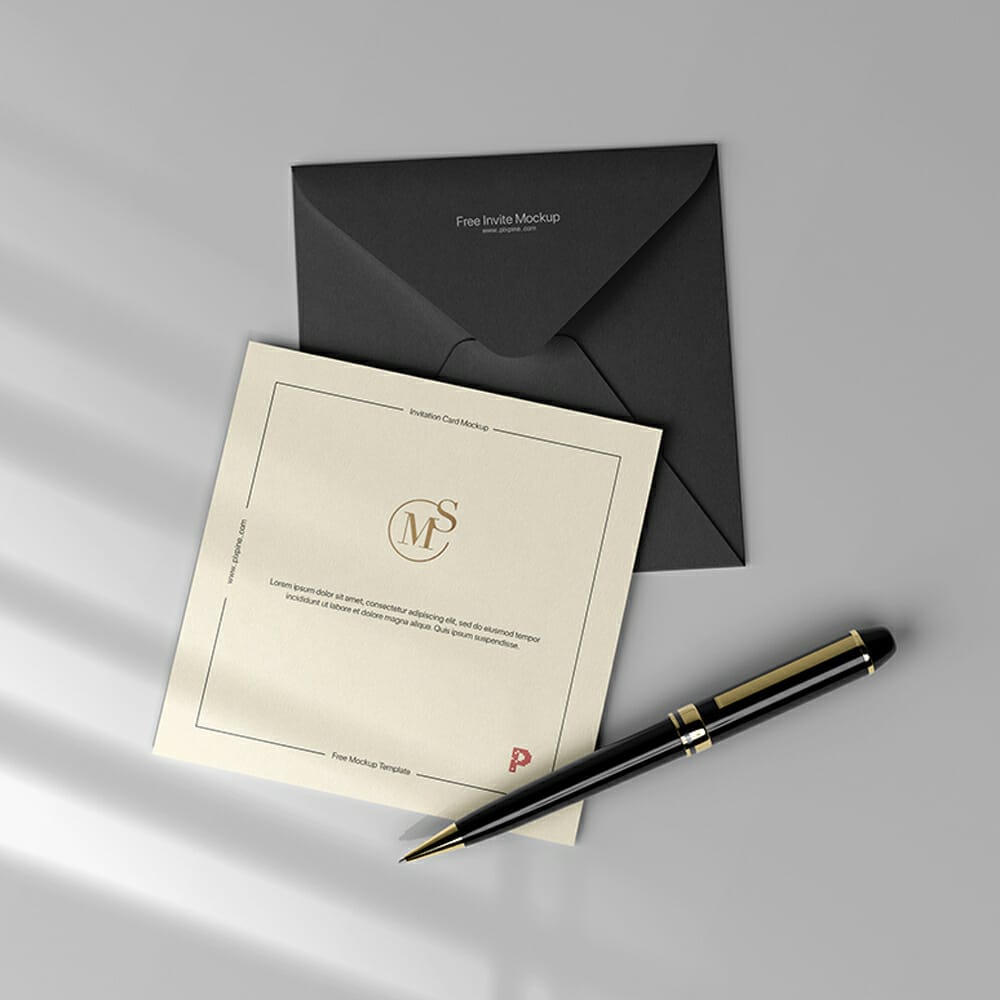 Free Square Invitation Card And Envelope Mockup