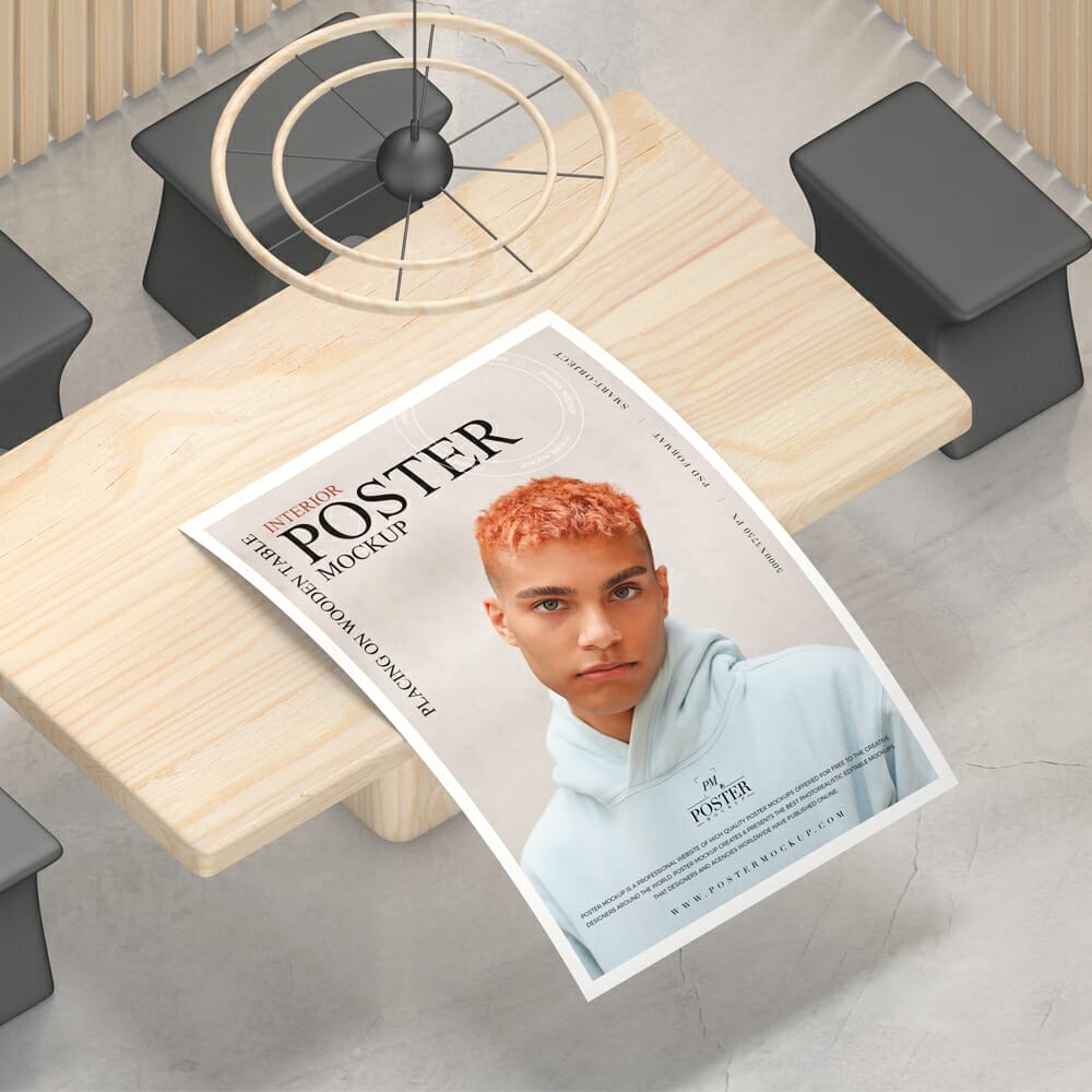 Interior Poster Placing On Wooden Table Mockup