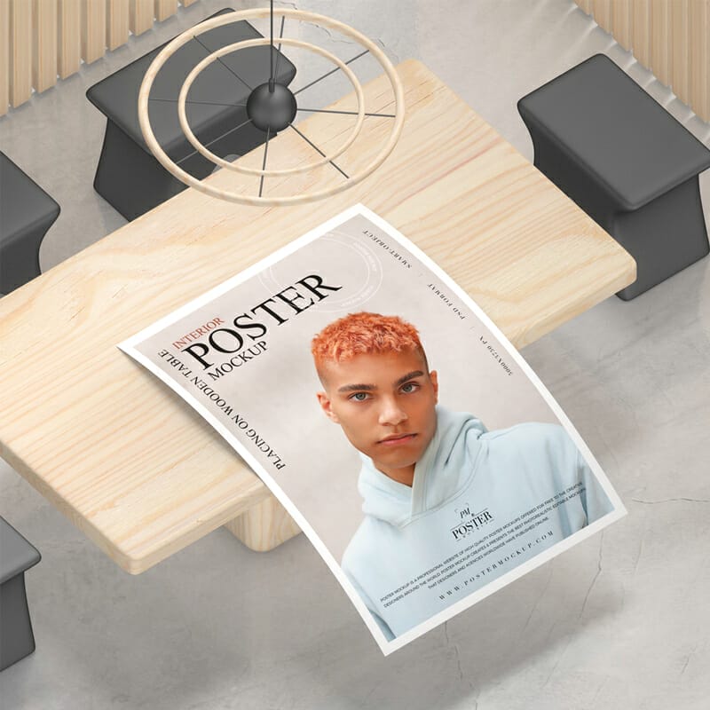 Interior Poster Placing On Wooden Table Mockup