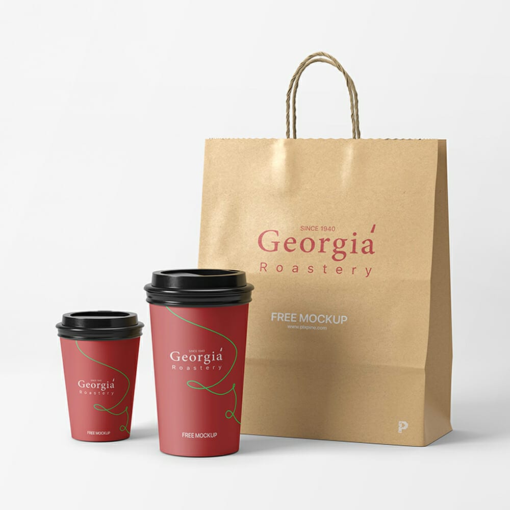 Free Coffee Cups And Kraft Bag Mockup