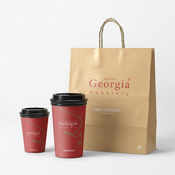 Free Coffee Cups And Kraft Bag Mockup