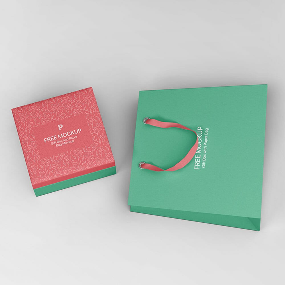 Free Gift Box With Paper Bag Mockup