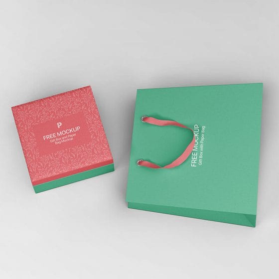 Free Gift Box With Paper Bag Mockup