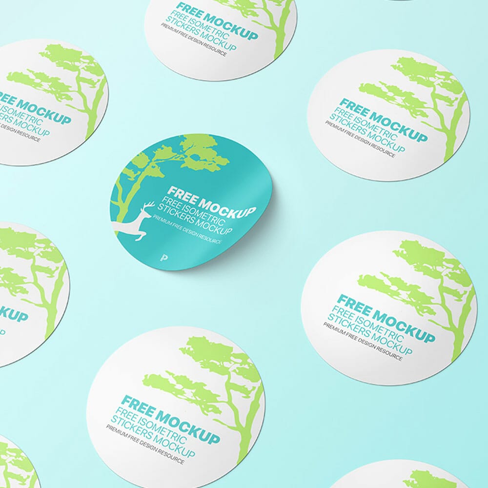 Free Isometric Round Stickers Mockup