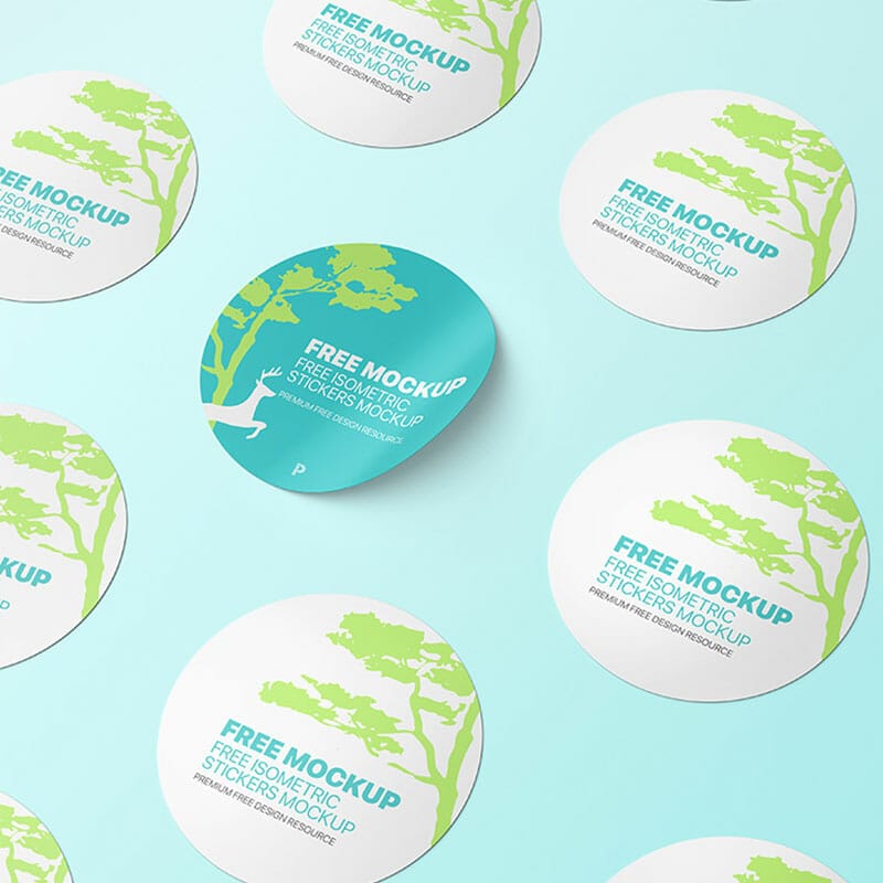 Free Isometric Round Stickers Mockup