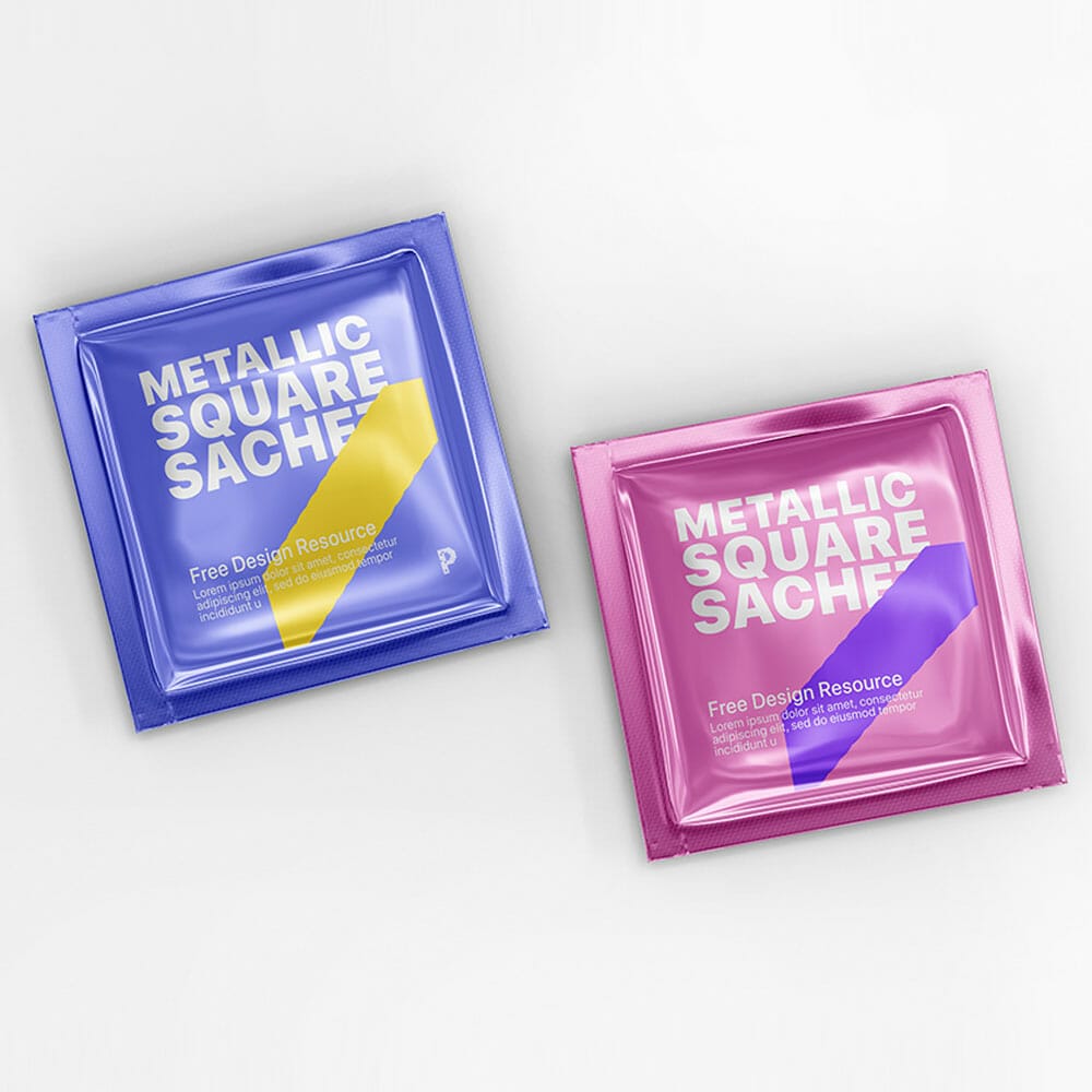Free Metallic Square Sachet Mockup