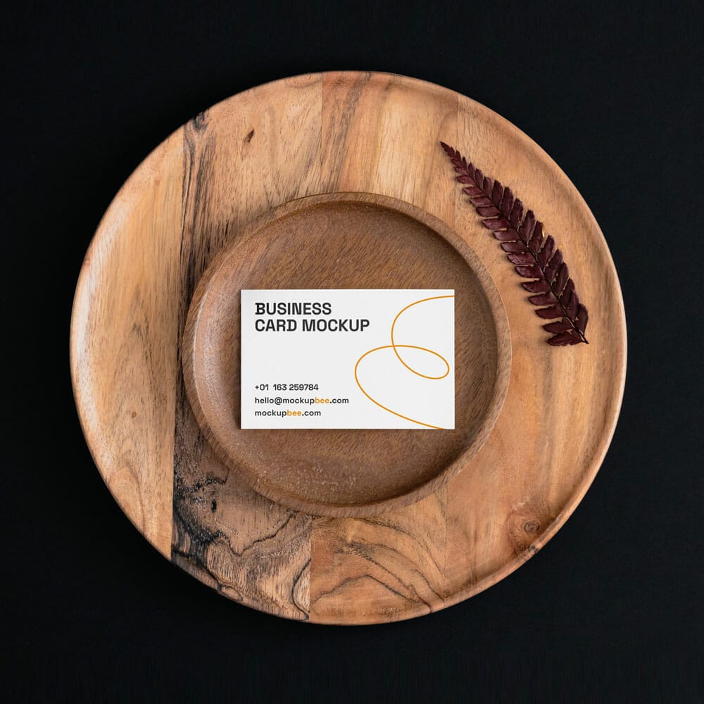 Free Business Card On Wooden Plate Mockup