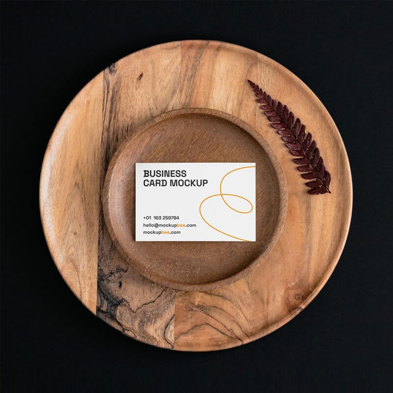 Free Business Card On Wooden Plate Mockup
