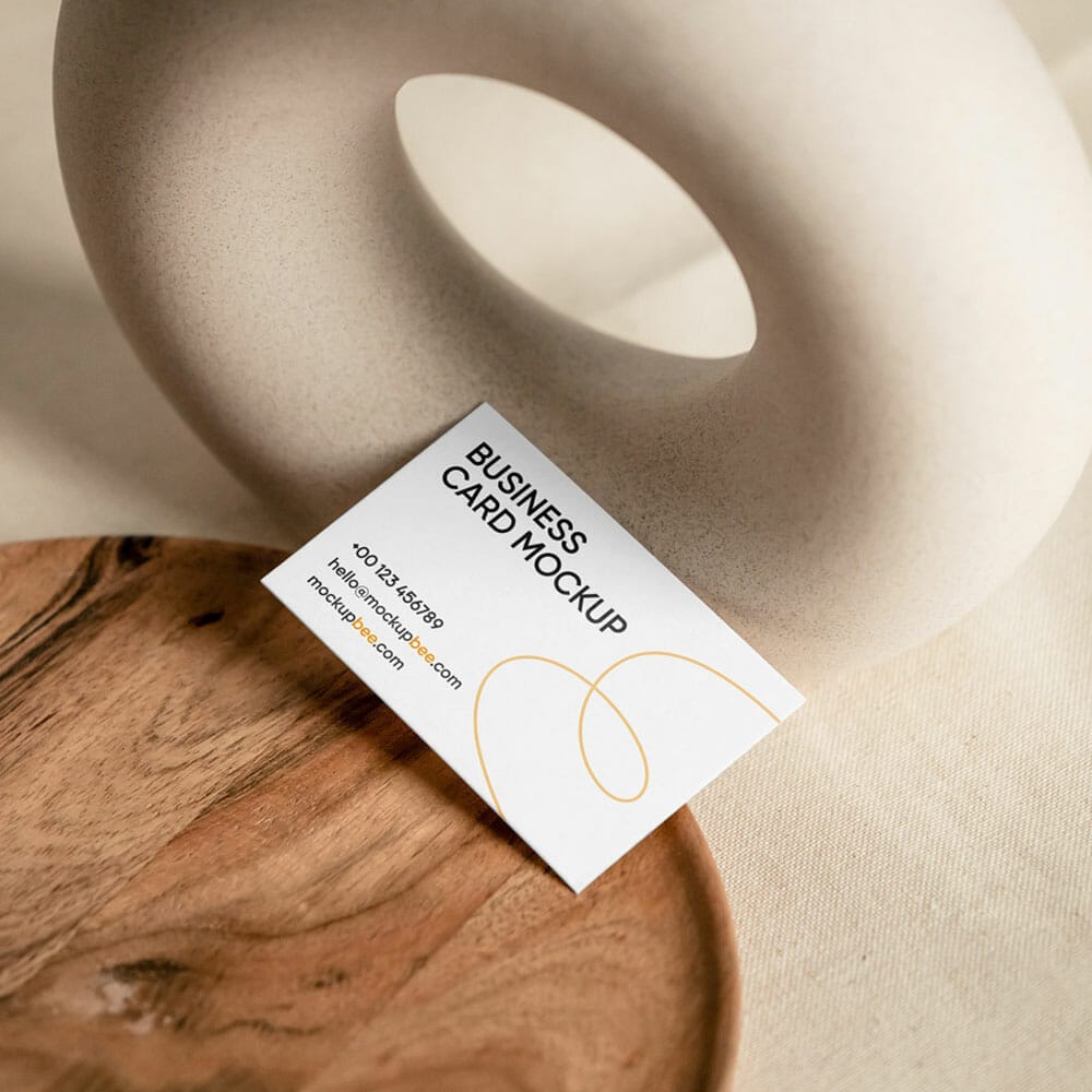 Free Business Card With Wooden Plate Mockup