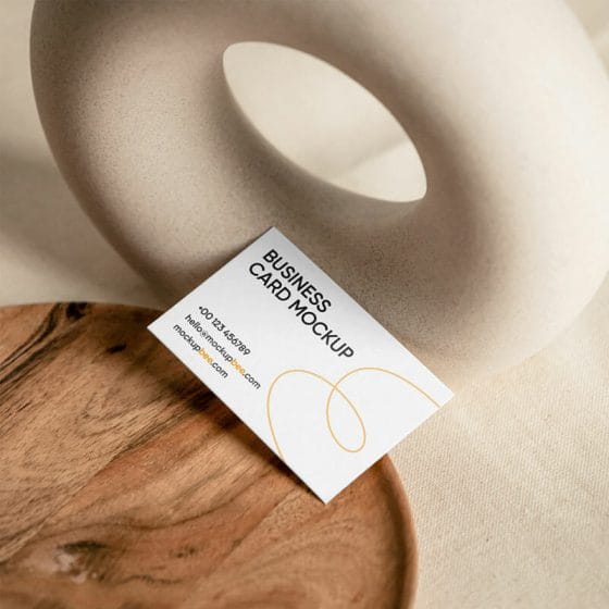 Free Business Card With Wooden Plate Mockup