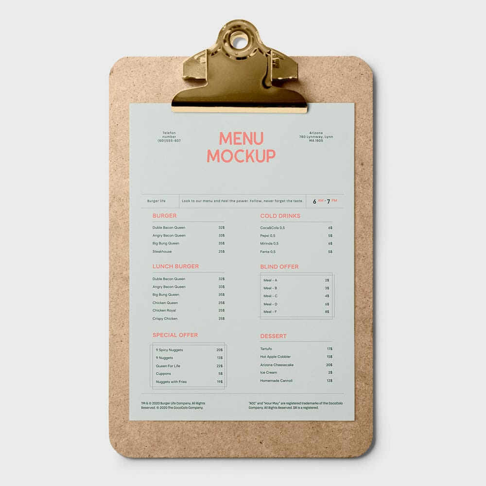 Free Clipboard Menu Mockup