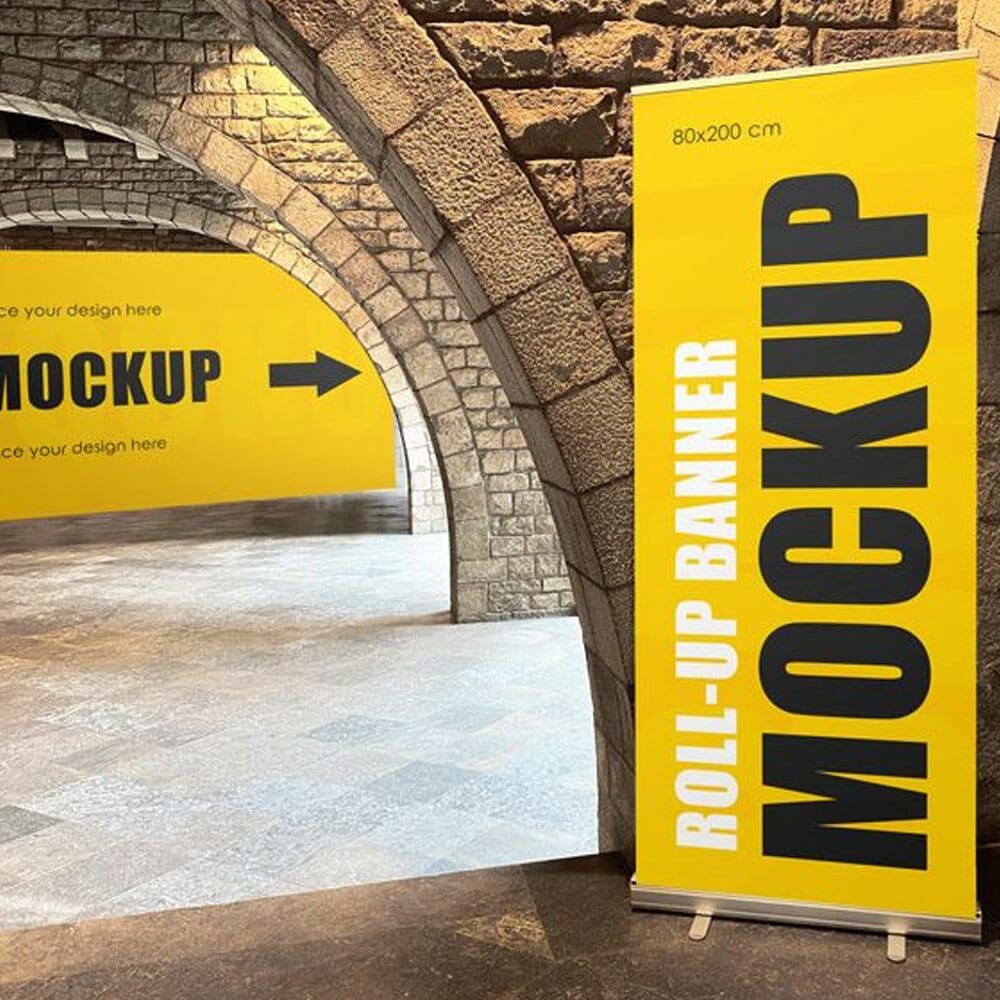 Free Horizontal Banner With Roll-up Banner Mockup