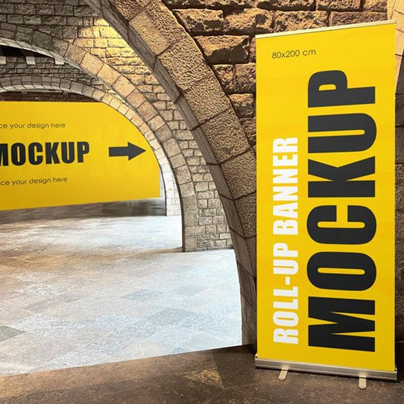 Free Horizontal Banner With Roll-up Banner Mockup