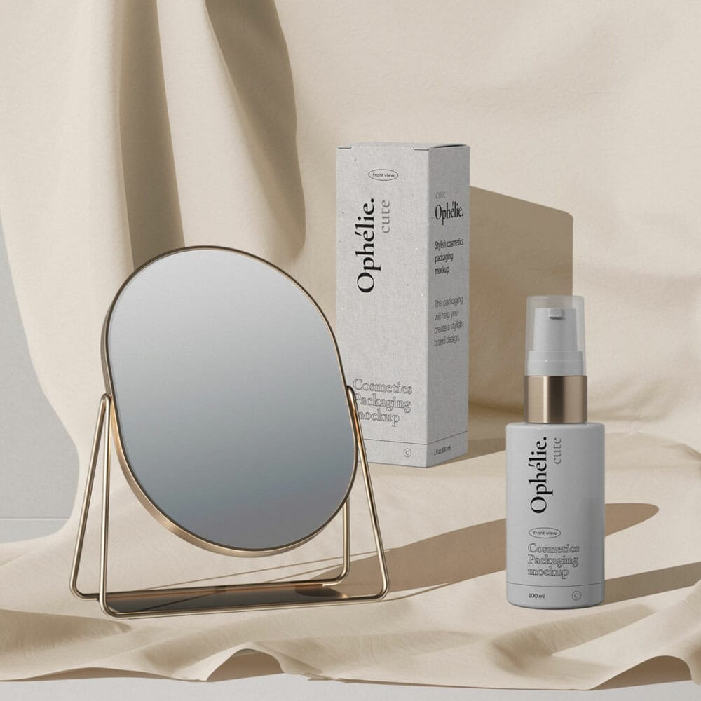 Free Modern Scene With Cosmetics Bottle And Paper Box Mockups Front View