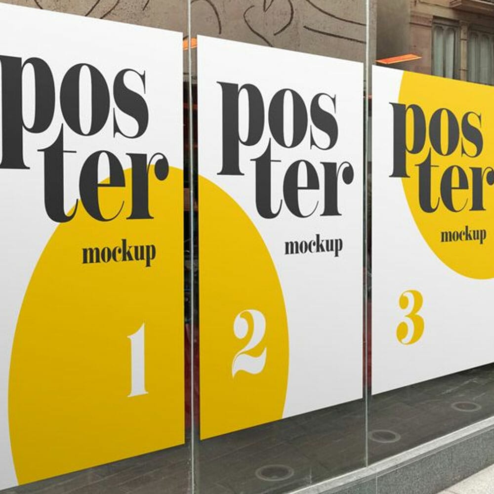 Free Rectangular Posters On Glass Window Mockup